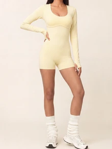 SHEIN BAE 女款純色休閒日常旅行運動連身褲 - Butter Yellow - 查看 6