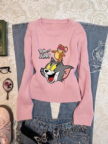 TOM & JERRY X SHEIN SHEIN EZwear 大尺碼女款卡通印花休閒日常長袖針織衫 - 彩色 - 查看 1