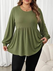 SHEIN CURVE+ Kaos Wanita Ukuran Besar Kasual dengan Detail Ribbed dan Rumbai di Bagian Bawah, Musim Gugur/Musim Dingin - Dark Green - View 6