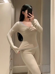 DAZY Women's Lace Patchwork Long Sleeve Top And Pants Casual Daily Home Sleepwear Set Fall - Khaki - View 4