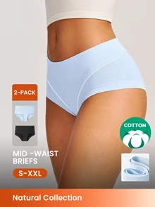 LUVLETTE 2-Pack Airy Cotton Mid Waist Briefs Waist Tummy Control Women Underwear Panties Set-Black - Multicolor - View 1