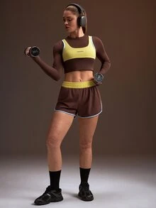 Powerista Colorblock Patchwork Slim Fit Cropped Sports T-Shirt - Brown - View 4
