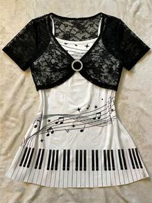 IslaSuriya Women's Fashion Musical Note Print Camisole Tank Top And Lace Cropped Top 2 Pieces Set - Multicolor - View 3