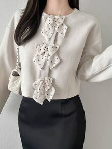 FRIFUL Women's Sweet Bow Decor Long Sleeve Overcoat Fall - White - View 1