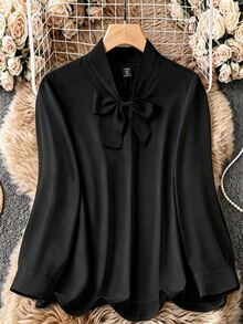 SHEIN Clasi 大尺碼女款純色領口休閒百搭日常穿著襯衫 - 黑色 - 查看 1