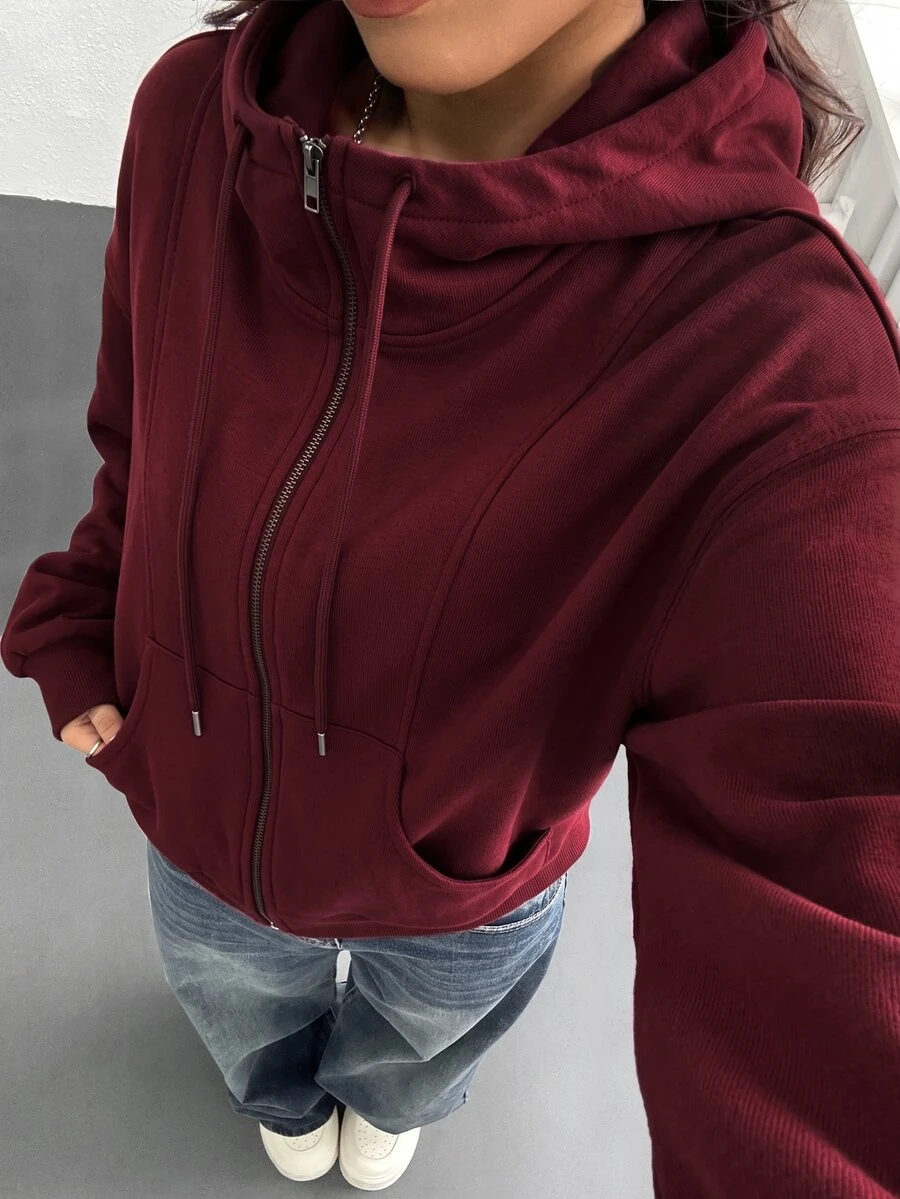 SHEIN EZwear 女款前拉鍊長袖口袋連帽衫 - 酒紅色 - 查看 1