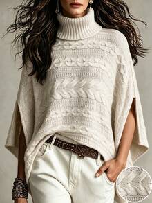 SHEIN This Off-White Turtleneck Poncho Features Intricate Cable Knit Stitching All Over. Loose Relaxed Cut - Apricot - View 3