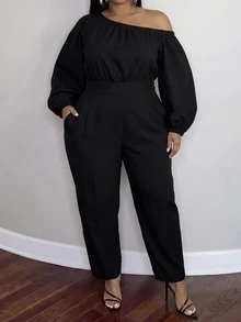 Slaydiva Plus Size Jumpsuit, Black Off Shoulder Puff Sleeve High Waist Slim Fit Romper - Black - View 10