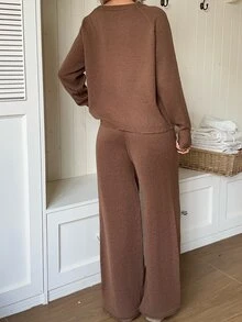 CovetEZ Women's Solid Color Asymmetrical Shoulder Long Sleeve Sweater And Knitted Pants Casual Set - Brown - View 2
