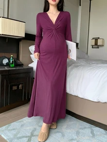 DAZY Solid Color Fitted Waist Twist Deep V Long Sleeve Elegant Vacation Spring Autumn Maternity Dress - Burgundy - View 3
