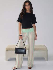 Aloruh Women's Early Autumn Mint Green Casual Patchwork Contrast Color Striped Versatile Daily Pants, Y2K Striped Long Pants - Mint Green - View 4
