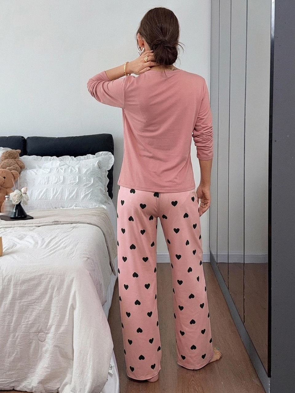 Women's Heart Print Long Sleeve Top And Pants Pajama Set Fall