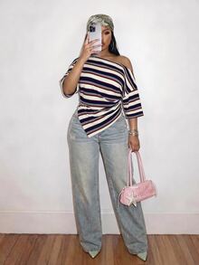 Slaydiva Casual Minimalist Striped Print Pattern Plus Size T-Shirt Suitable For Autumn - Multicolor - View 4