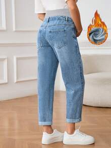 SHEIN 孕婦可調腰圍直筒休閒百搭牛仔褲 - 中等水洗藍 - 查看 2