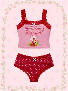 Strawberry Shortcake | ROMWE Plus Size Cute Strawberry Co-Branded Lace Patchwork Polka Dot Bow Non-Wired Women's Lingerie Set - Pink - View 1