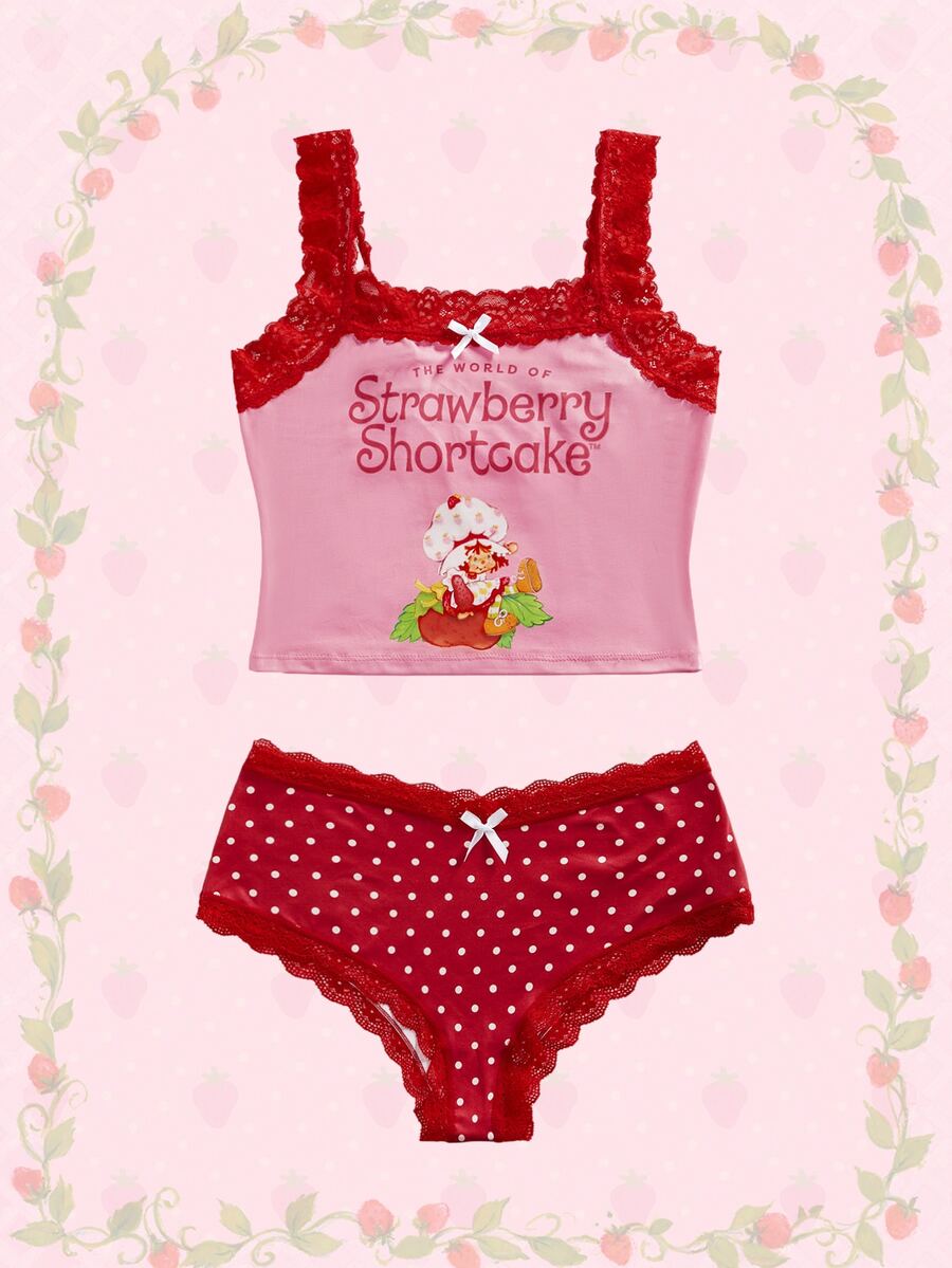 Strawberry Shortcake | ROMWE Plus Size Cute Strawberry Co-Branded Lace Patchwork Polka Dot Bow Non-Wired Women's Lingerie Set - Pink - View 1
