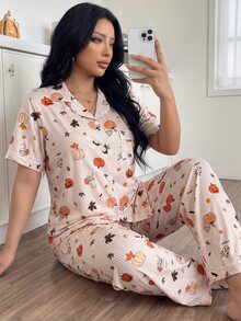 ZzzCrew Plus Size Striped Pajama Set With Collared Button-Front Puff Crinkle Halloween Print Short Sleeve Top And Long Pants - Multicolor - View 1