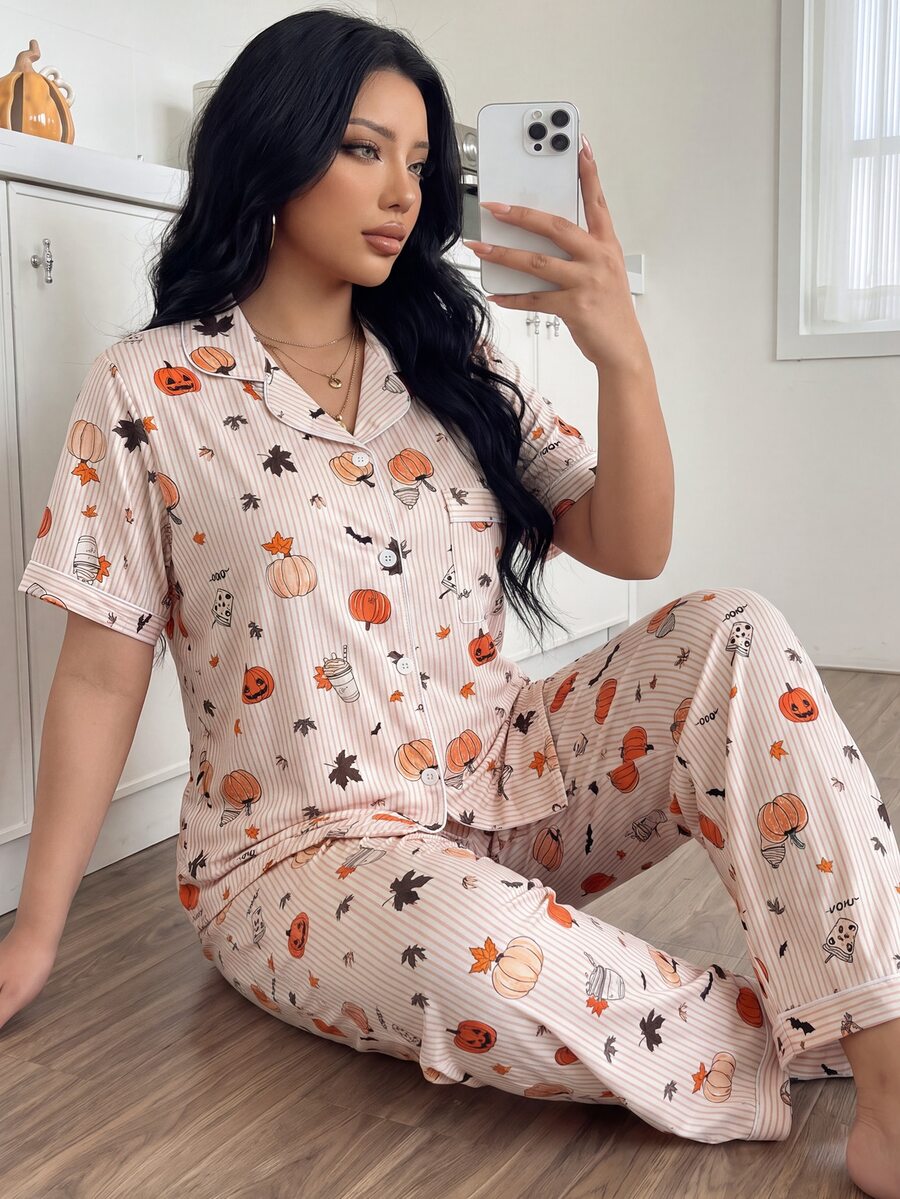 ZzzCrew Plus Size Striped Pajama Set With Collared Button-Front Puff Crinkle Halloween Print Short Sleeve Top And Long Pants - Multicolor - View 1