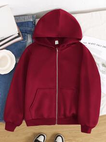 SHEIN 青少年女孩秋冬休閒連帽開襟外套 - 酒紅色 - 查看 5