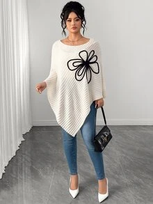 Elenzga Women's Autumn New Single Piece Large Floral Design Square Neck Loose Hem Asymmetrical Fashion Design Elegant Lady Daily Versatile Commute Knit Pullover Plus Size Sweater - Beige - View 6