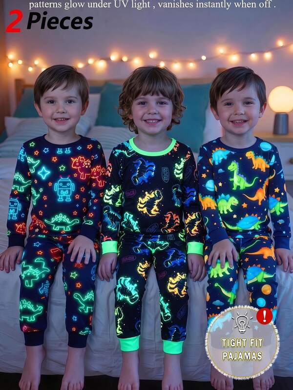 2pcs/Set Boys Long Sleeve Top & Long Pants Snug Fit Blue Cartoon Fluorescent Colorful Dinosaur Pattern Casual Minimalist Fashion Comfortable Loungewear Spring/Autumn