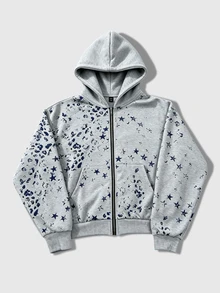 ROMWE MEN Street Life Men's Star Print Hoodie - Grey - View 1