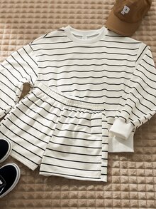 SHEIN Elladie kids 青少年女孩條紋寬鬆連帽衫與運動衫套裝，長袖短褲兩件組，黑白圓領寬鬆運動衫，校園秋季穿搭 - 黑與白 - 查看 3