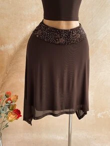 Soleia Women's Vacation Casual Sequin Patchwork Skirt - Brown - View 3