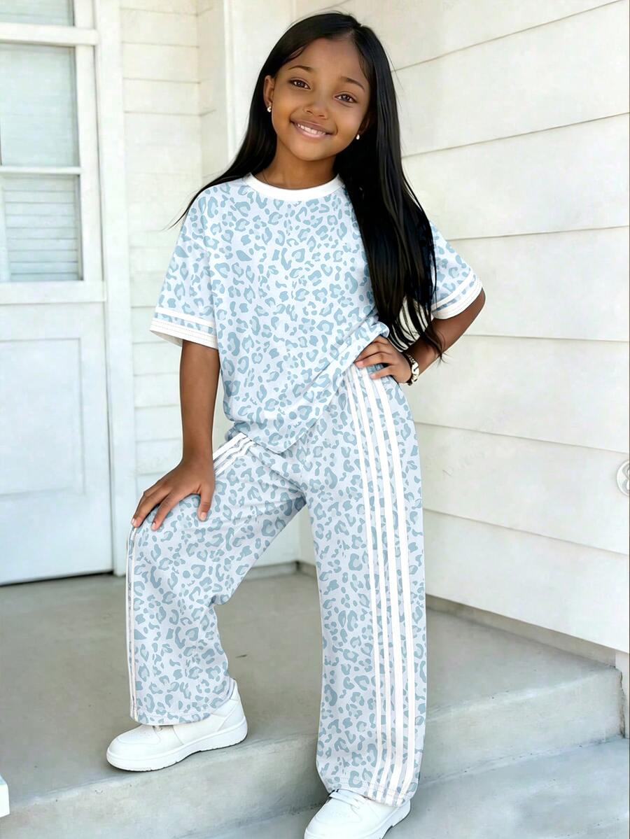 Young Girls 1 Set Leopard Print Striped Short Sleeve Tee & Wide Leg Pants Set, Casual Sporty Fall Outfit - Multicolor - View 1