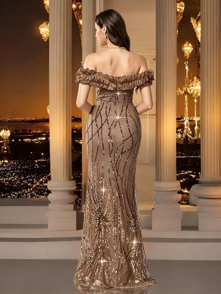 Coutiva Autumn And Winter Elegant Sequin Positioning Splicing Sexy One-Shoulder Ruffle Hem Slim Mermaid Skirt Formal Evening Dress, Suitable For Party Wear, Wedding Guests, Graduation Ceremony - Champagne - View 2
