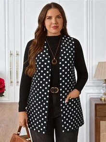 EMERY ROSE Plus Size Women's Polka Dot Pattern Open Front Vest Jacket - Black and White - View 5