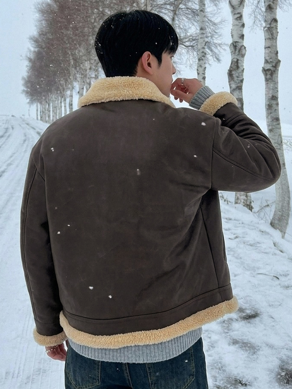 Brown PU Fabric Beige Lamb Wool Men's Winter Coat