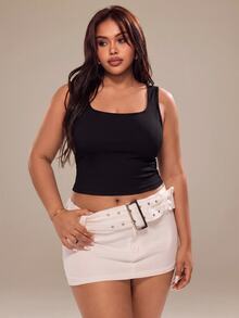 SHEIN Rhythm Era Women's Plus Size Solid Color Cropped Sports Tank Top - Black - View 5