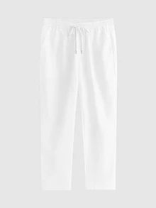 Lornavo Men's Cotton Solid Color Waist Tie Casual Versatile Long Pants Vacation All White Autumn - White - View 3
