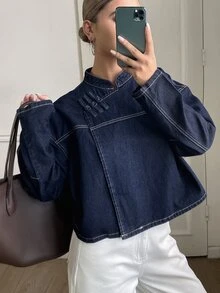 DAZY Women's Autumn Stand Collar Frog Button Long Sleeve Loose Solid Color Denim Fabric Dark Blue Contrast Stitching Chinese Style Denim Short Jacket - Blue - View 4