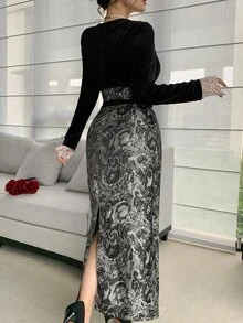 DAZY 女款 2 合 1 V 領中長洋裝 晚宴派對夜穿 黑色與銀色 秋季優雅 - 黑色 - 查看 2