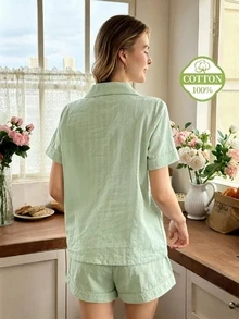 Snug Reverie 女款 100% 純棉 藍色提花短袖短褲夏季開襟居家服套裝 - 綠色 - 查看 2