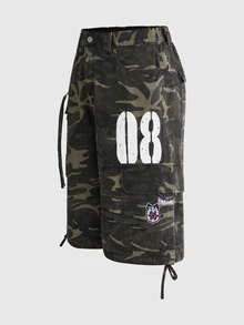 ROMWE Street Life Plus Size Vintage Camo Cargo Shorts, Multi-Pocket Washed Distressed Camo Denim Bermuda Shorts, Digital Print Patchwork Design, Y2K Street Style Loose Wide Leg - Army Green - View 5