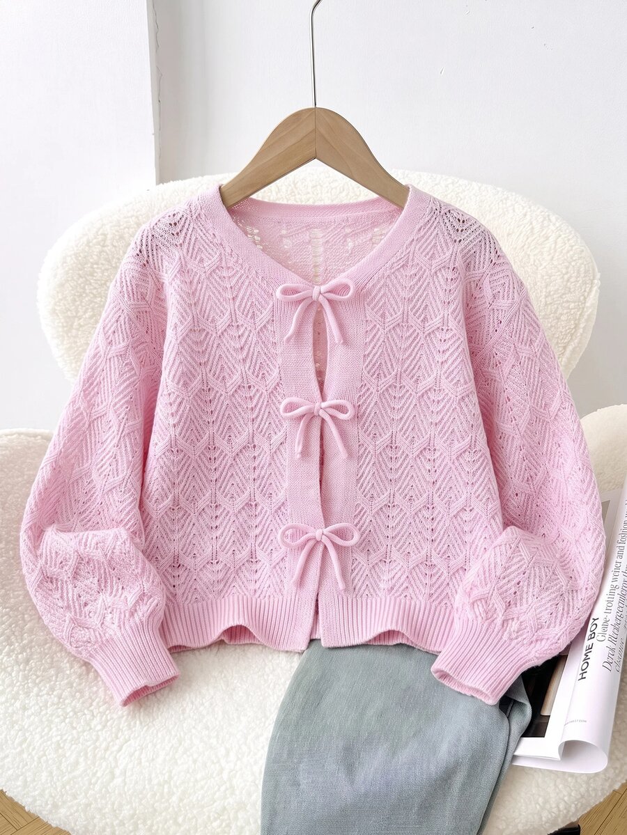 SHEIN 少女寬鬆休閒極簡舒適圓領長袖蝴蝶結波點開襟衫 秋冬返校季 - 粉色 - 查看 1