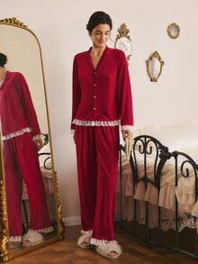Côtesoire Women's French Elegant Velvet Contrast Color Lace Long Sleeve Pants Pajama Set - Burgundy - View 5