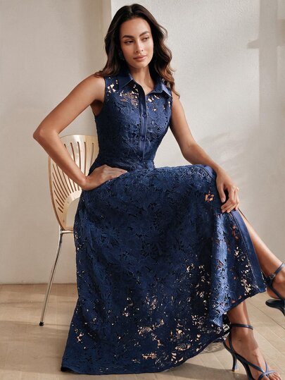Anewsta Spring/Summer Premium Sheer Lace Patchwork Cinched Waist A-Line Commuter Versatile Women's Dress