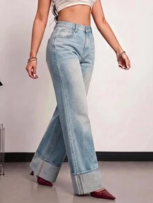 SHEIN PETITE 女款休閒水洗直筒牛仔褲 - 淺色水洗藍 - 查看 9