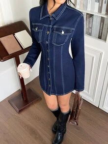 Rivivi Women's Long Sleeve Single-Breasted Casual Denim Dress - Blue - View 5