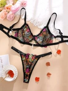 SHEIN 2件裝大尺碼網紗刺繡鋼圈內衣 - 彩色 - 查看 2