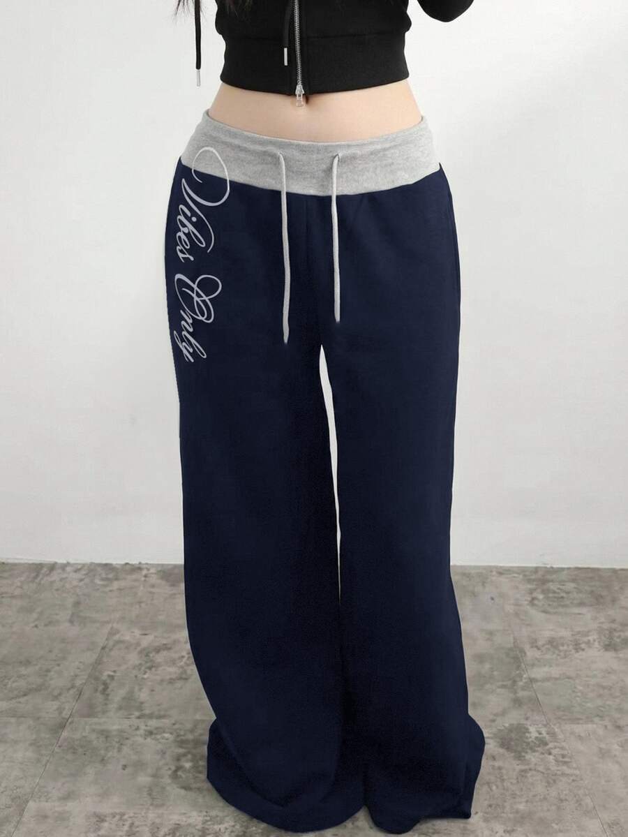 SHEIN 青少年女孩拼接腰帶刺繡抽繩腰運動長褲 - 藏蓝色 - 查看 1