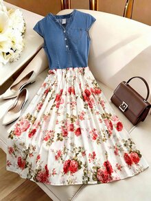 GlowEve CURVE Plus Size Floral Print Patchwork Denim Dress - Blue - View 6