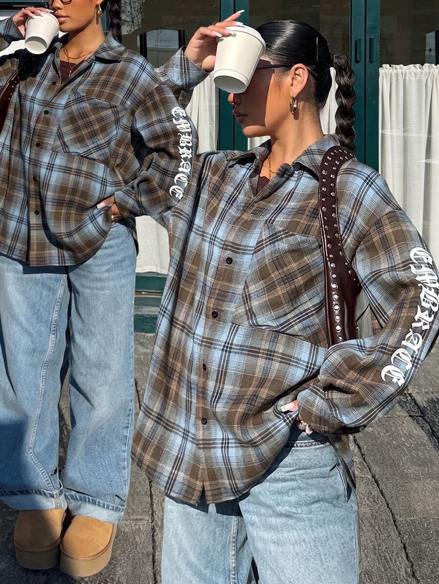 Muchica Plus Size Women's Plaid Long Sleeve Single-Breasted Casual Pocket Shirt Fall - Brown - View 1