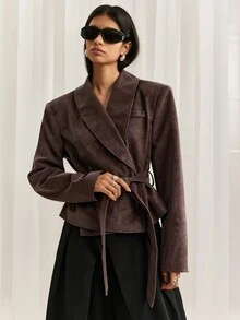 LYSMO Jaket Lengan Panjang Wanita Warna Polos Kasual Serbaguna untuk Sehari-hari - Coklat - View 6