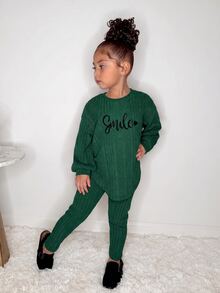 2pcs/Set Young Girl Fashion Casual Drop Shoulder Ribbed Knit "Smile" Graphic T-Shirt And Leggings, Pink Outfit Girls Girls Ribbed Set Girls Fall Sets Girls Comfy Set Girl Sweat Suit Set - Green - View 4