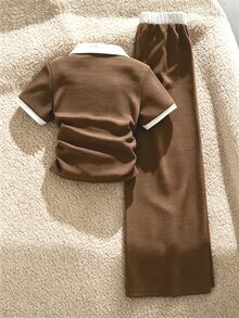 SHEIN 學院風女童對比領兩件套，華夫格針織面料，上衣配對比白色彼得潘領與V領設計 - 棕色 - 查看 2